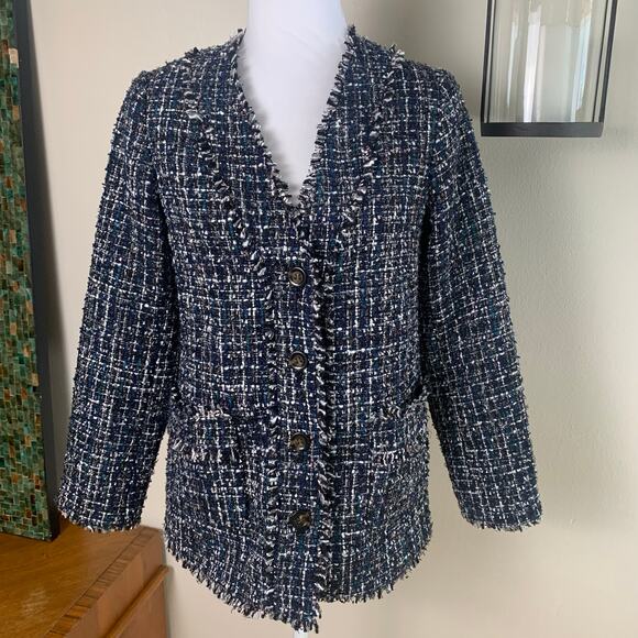 Ann Taylor Petite Size 4P Tweed Metallic Blazer Jacket Fringe Trim Heavyweight - Picture 2 of 13
